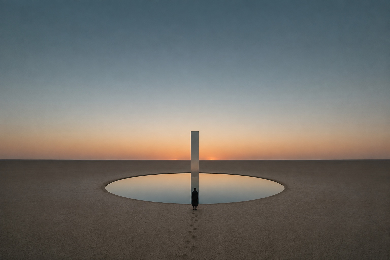 A mirrored monolith standing in a perfect circular pool on an empty plain, doubled exactly in the water, a lone figure at the rim with footprints stopping at the edge